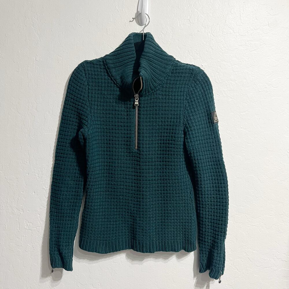 SOS Black Snow Sweater Small Waffle Knit Quarter Zip Dark Green Wool Nylon